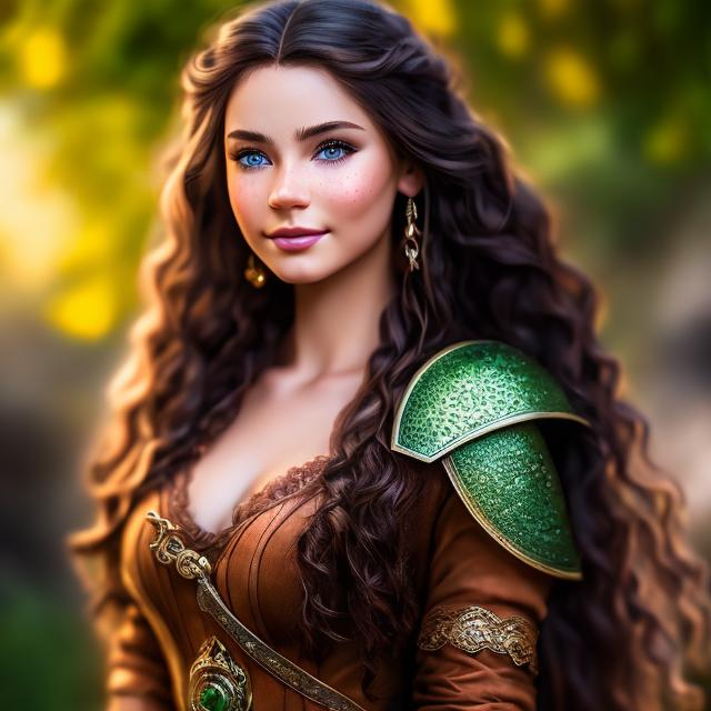 Prompt: An ultra realistic 4k highres  D&D pretty female halfling dressed in a green tunic and skirt  long wavy brown hair and large dark amber eyes, and a few freckles on her cheeks, drawn Luis Royo Amy Sol style, she is standing in a medieval town