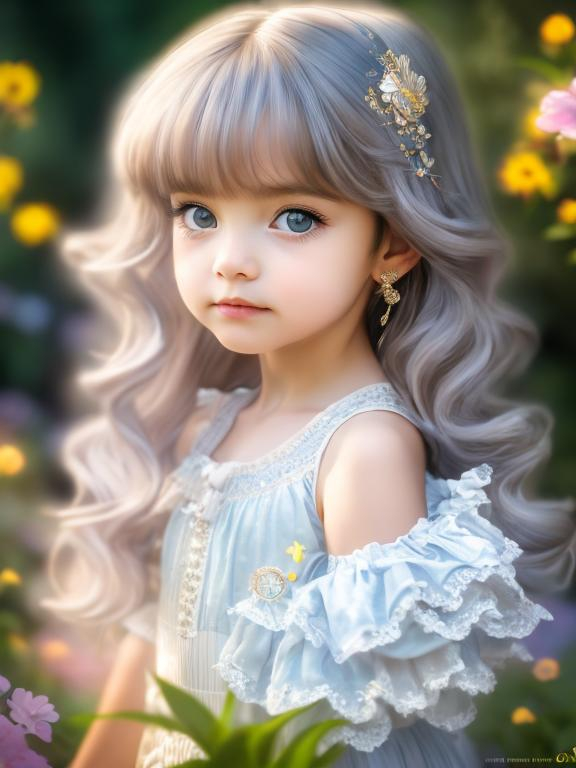 Prompt: 4k ultra high res, highly detailed, an adorable little 5 year old girl with long hair and big anime style bright blue eyes, standing in front of a Victorian manor, with beautiful luch garden,  full body facing the viewer, Luis Royo, Amy Sol style,  a bright sunny sky with fluffy clouds 