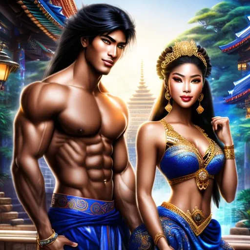 Prompt: A handsome man, and muscular, fit, mixed Korean and Japanese, raced young man with  black straight hair and with large blue eyes dressed in traditional Japanese clothing standing with a beautiful African woman dressed in traditional African style with an ancient jungle city background behind her4k ultra high res Luis Royo Amy Sol Style 