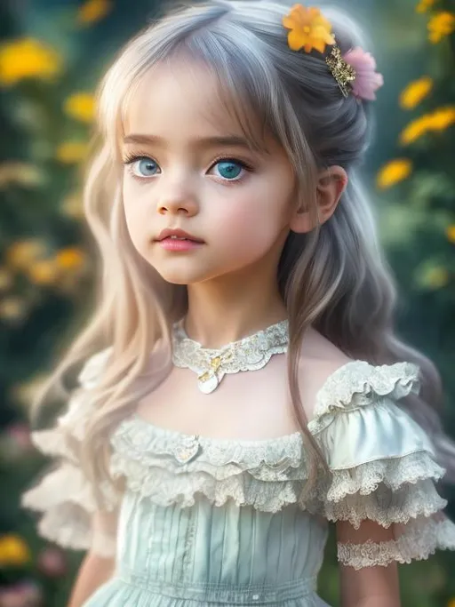 Prompt: 4k ultra high res, highly detailed, an adorable little 5 year old girl with long hair and big anime style bright blue eyes, standing in front of a Victorian manor, with beautiful luch garden,  full body facing the viewer, Luis Royo, Amy Sol style,  a bright sunny sky with fluffy clouds 