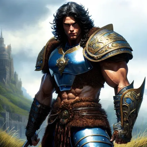 Prompt: Realistic full body male warrior character, strong and muscular, black hair, blue eyes, wearing leather armor, detailed hair, muscular physique, warrior, Luis Royo, Amy Sol, armor details, battle-ready, grassy hill background, high quality, realistic, detailed, muscular physique, detailed hair, Luis Royo style, Amy Sol style, intense gaze, heroic stance, armor details, professional, ambient lighting