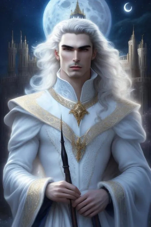 Prompt: 4k ultra high res, highly detailed, a handsome male with pale white skinned well defined young and aristocratic faced, powerful vampire standing in front of a castle, great staff ready as weapons, full body facing the viewer, Luis Royo, Amy Sol style,  with large bright moon and night sky with twinkling stars and  fluffy clouds 