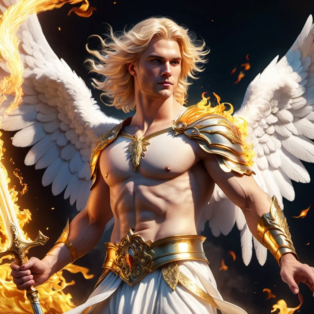 Prompt: 4k ultra high definition full body  image of a handsome male angel with white wings and golden hair and a flaming sword.  ethereal fantasy hyperdetailed Hyperrealistic, mid shot, intricately detailed, color depth, dramatic, light, colorful background 