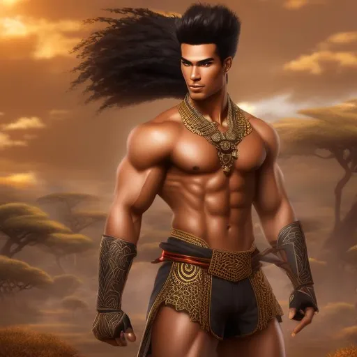 Prompt: A handsome man, and muscular, fit,  Japanese, raced young man with  black straight hair, and dressed in  dressed in traditional African armor,  style, holding a short sword, with a savannah  plains background behind him 4k ultra high res Luis Royo Amy Sol Style 