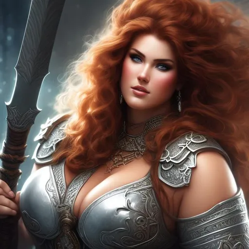 Prompt: Painting of a heavyweight woman, large chest long  red hair, round chubby face, detailed facial structure, full body rendering, wielding a large axe dressed in armor  Luis Royo, Amy Sol style, neon color scheme, barbarian, warrior, ready for battle, highres, detailed, powerful, warrior woman, artistic, full body rendering
