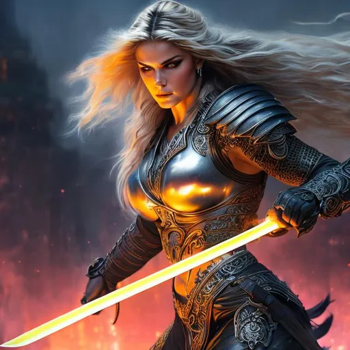 Prompt: Painting of a powerful muscled built warrior woman with long light blonde hair, wielding duel swords, in a Luis Royo, Amy Sol style, neon color scheme, detailed facial structure, full body rendering, ready for battle, highres, detailed, powerful, barbarian, warrior, artistic, powerful, neon colors, detailed swords, fierce expression, intense lighting