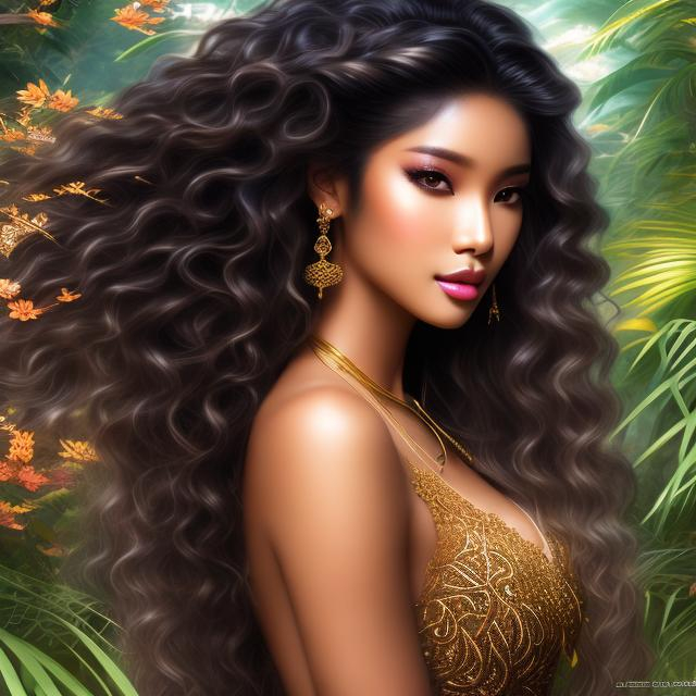 Prompt: A beautiful mixed African and Asian raced young woman with long black wavy hair and dark brown skin with large brown eyes  dressed in traditional Korean clothing standing with a jungle background behind her4k ultra high res Luis Royo Amy Sol Style 