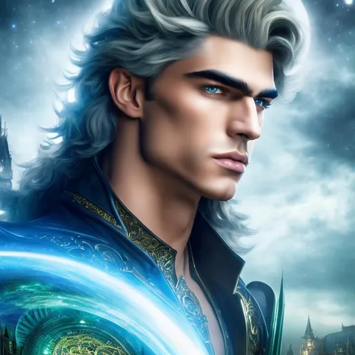 Prompt: 4k ultra high res, highly detailed, a handsome male with pale albino skinned well muscled and  defined body builder  physique, young and aristocratic faced, with pale green eyes, a powerful vampire standing in front of a Victorian manor, great staff ready as weapons, full body facing the viewer, Luis Royo, Amy Sol style,  with large bright moon and night sky with twinkling stars and  fluffy clouds 