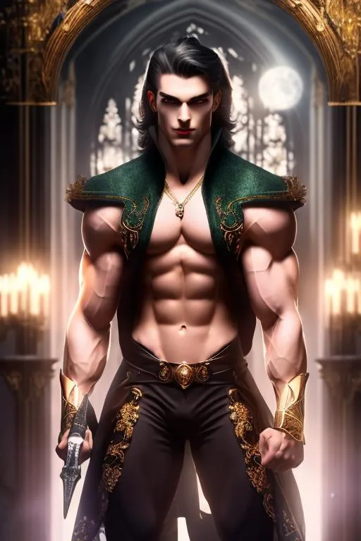 Prompt: 4k ultra high res, highly detailed, a handsome male with pale albino skinned well muscled and  defined body builder  physique, young and aristocratic faced, with pale green eyes, a powerful vampire standing in front of a Victorian manor, great staff ready as weapons, full body facing the viewer, Luis Royo, Amy Sol style,  with large bright moon and night sky with twinkling stars and  fluffy clouds 