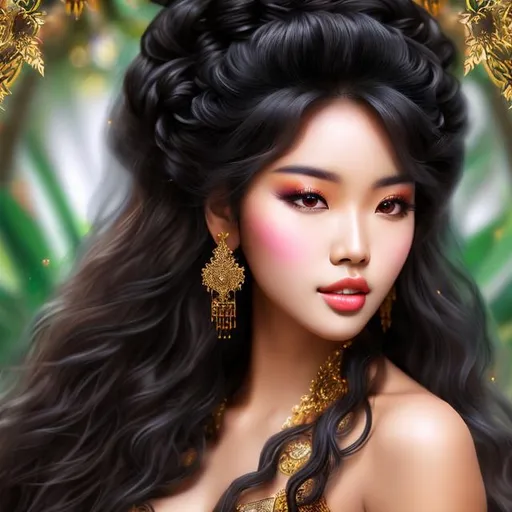 Prompt: A beautiful mixed Korean and African raced young woman with long black hair and dark skin with large brown eyes  dressed in traditional Korean clothing standing with a jungle background behind her4k ultra high res Luis Royo Amy Sol Style 