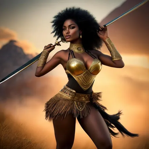 Prompt: A beautiful warrior woman, fit and curvy African, raced young woman with straight hair, and dressed in traditional African armor,  style, holding a short sword, ready for battle, with an aggressive stance, with a green hill background behind her 4k ultra high res Luis Royo Amy Sol Style 