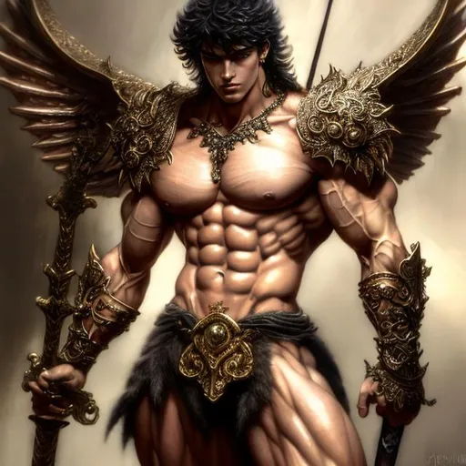 Prompt: fantasy art, Luis Royo, Amy Sol style, intricate, hyper-detailed,  bare chested strong muscular, attractive male bodybuilder, male warrior character, muscular jawline, angelic face, beautiful, masculine face, full body pose, muscular legs, high resolution, leather Pteruges  detailed images, clear sharp resolution, short hair, no-armor, barbarian, sword, weapon, greatsword