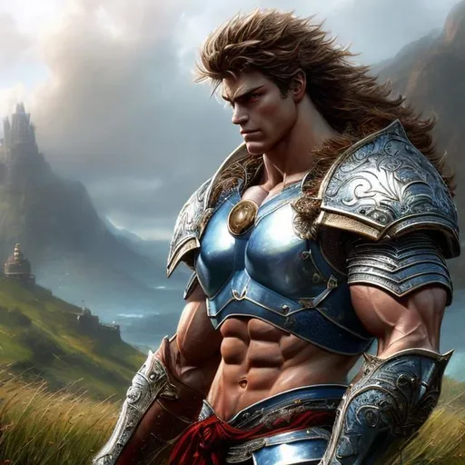 Prompt: Realistic full body male warrior character, strong and muscular, blonde hair, blue eyes, wearing leather armor, detailed hair, muscular physique, warrior, Luis Royo, Amy Sol, armor details, battle-ready, grassy hill background, high quality, realistic, detailed, muscular physique, detailed hair, Luis Royo style, Amy Sol style, intense gaze, heroic stance, armor details, professional, ambient lighting