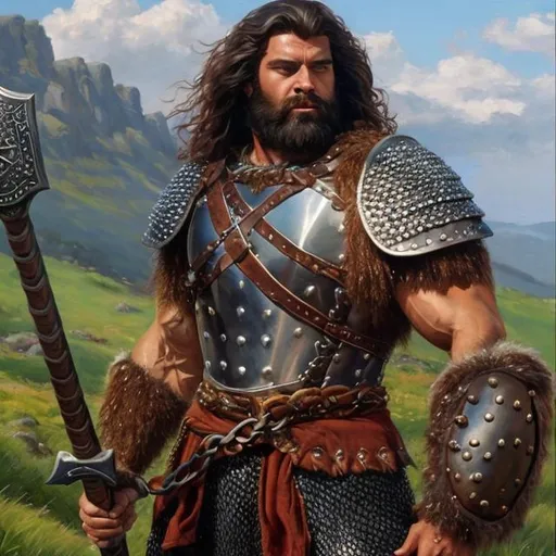 Prompt: oil painting, full body, hairy chested, hairy forearms, strong muscular, male warrior character, wears breastplate, has wavy black hair and blue eyes, wears chain mail pants and armored boots, he holds a large axe he is ready for battle  