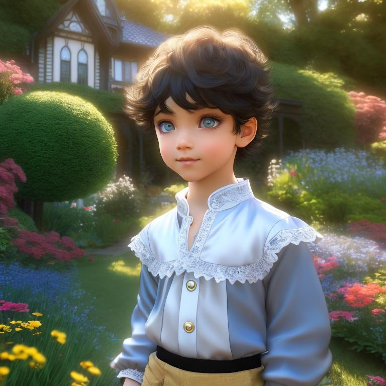 Prompt: 4k ultra high res, highly detailed, an adorable little 3 year old boy with black short hair and big anime style bright blue eyes, standing in front of a Victorian manor, with beautiful luch garden,  full body facing the viewer, Luis Royo, Amy Sol style,  a bright sunny sky with fluffy clouds 