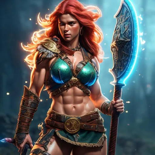 Prompt: UHD, , 8k, high quality, poster art, (( Aleksi Briclot art style)), hyper realism, Very detailed, full body, muscular, view of a young female barbarian, battle axe, blue skin. mythical, ultra high resolution, light and shading in 8k, ultra defined. 