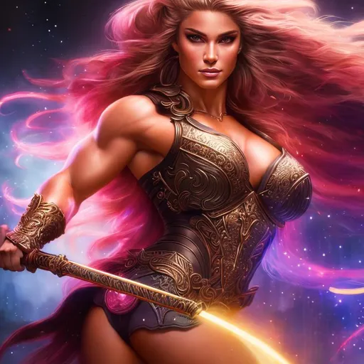 Prompt: 4k ultra res higly detailed image of a powerful muscled built warrior woman with long light blonde hair, wielding a sword, in a Luis Royo, Amy Sol style, neon color scheme, detailed facial structure, full body rendering, ready for battle, highres, detailed, powerful, barbarian, warrior, artistic, powerful, neon colors, detailed swords, fierce expression, intense lighting