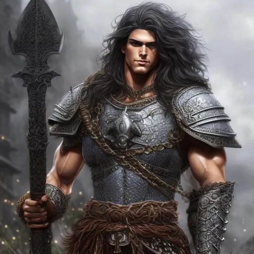 Prompt: Realistic full body male warrior character in Luis Royo, Amy Sol style, strong and muscular, long black hair, piercing blue eyes, wearing breastplate, chain mail pants, armored boots, holding a large axe, ready for battle, detailed armor, intense and focused gaze, high quality, realistic, detailed hair, muscular physique, warrior, Luis Royo, Amy Sol, armor details, intense expression, battle-ready, professional lighting