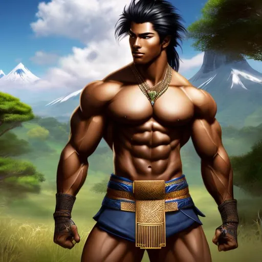 Prompt: A handsome man, and muscular, fit,  Japanese, raced young man with straight hair, and dressed in  dressed in traditional African armor,  style, holding a short sword, ready for battle, with an aggressive stance, with a green hill background behind him 4k ultra high res Luis Royo Amy Sol Style 