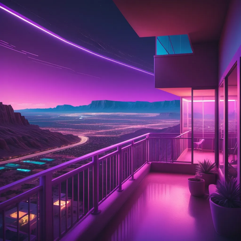 Prompt: a balcony with a view of the city lights of saint george, utah at night and a purple sky at night, with a purple light on the balcony, Beeple, retrofuturism, synthwave style, a matte painting