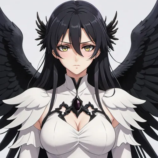 Prompt: a close up of a person in a white dress with black wings, albedo from the anime overlord, albedo from overlord, albedo, anime goddess, code geass, albedo texture, villainess has black angel wings, gothic maiden anime girl, raven, full - body majestic angel, dark angel, rei hino as a princess