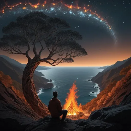 Prompt: Hierarchically nested fractal a person looking at trees in a rugged mountain landscape by the ocean next to a fire under the stars