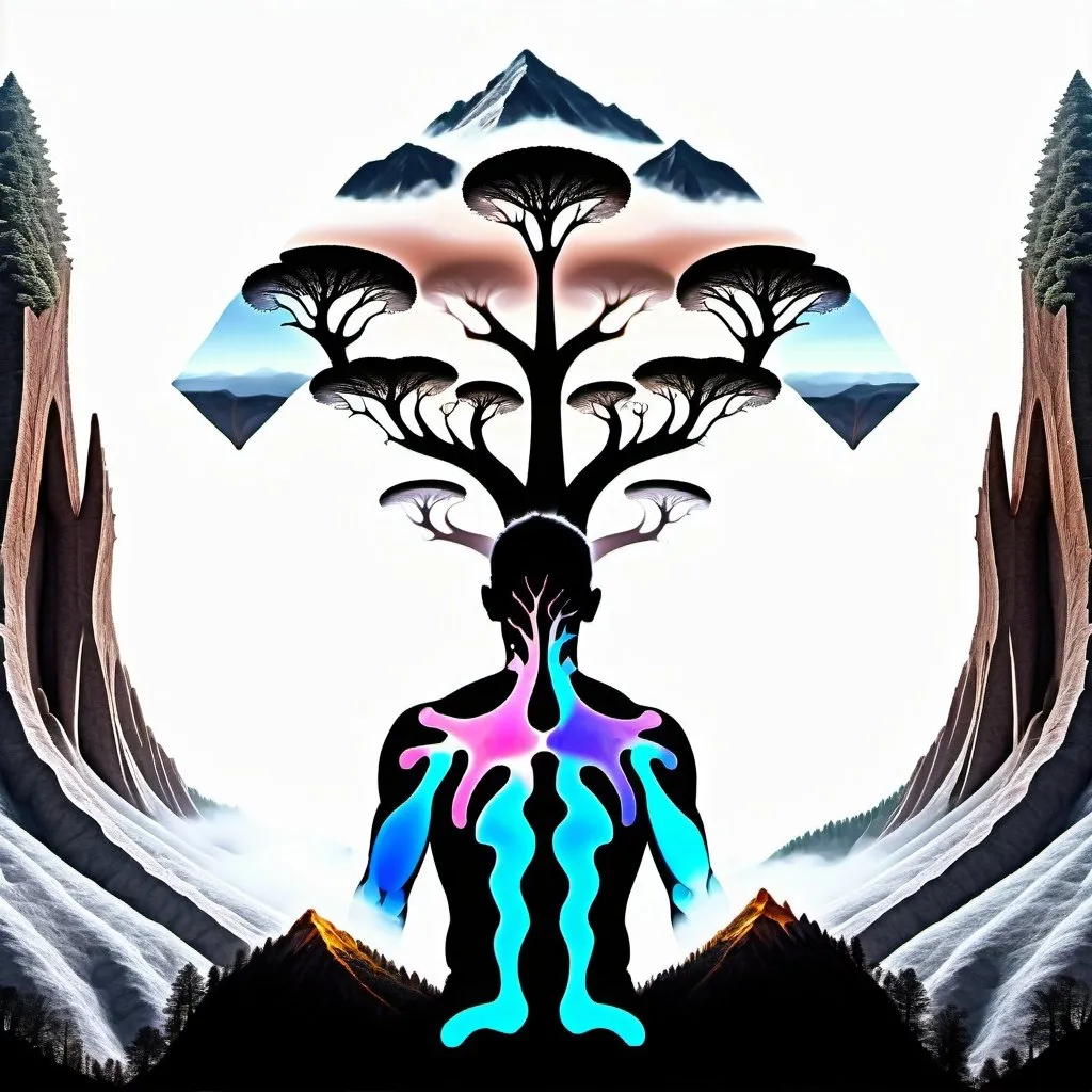 Prompt: Generic person with visible  fractal blpod vessels and lungs watchimg fractal trees and their fractal roots in a fractal mountain landscape