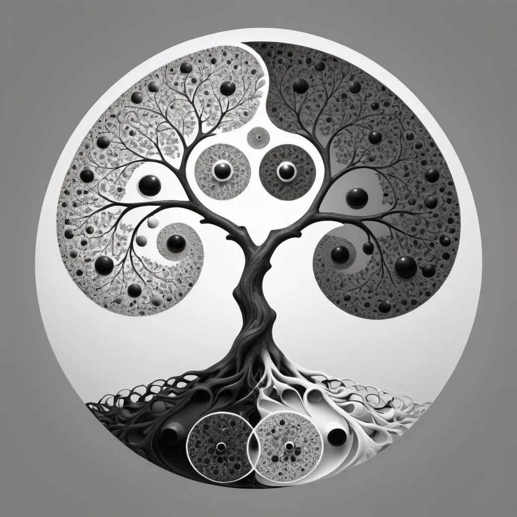 Prompt: Fractal yin and yang with its small white and black circles being yin and yangs, iteratively telescoped out to create a multilevel bifurcating tree like structure