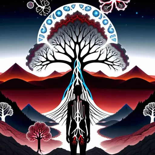 Prompt: Generic person with fractal blood vessels and lungs drawn, watching fractal trees and their fractal roots in a fractal mountain landscape and cosmos