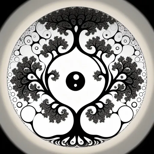 Prompt: Fractal yin and yang with its small white and black circles being yin and yangs, iteratively telescoped out to create a multilevel bifurcating tree like structure