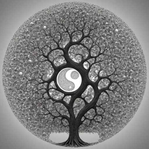 Prompt: Fractal yin and yang with its small white and black circles being yin and yangs, iteratively telescoped out to create a multilevel bifurcating tree like structure