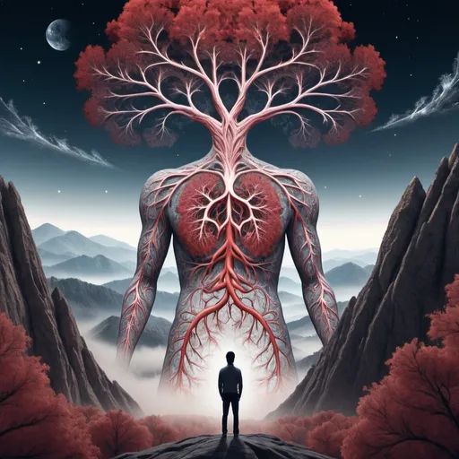 Prompt: Generic person with fractal blood vessels and lungs drawn, watching fractal trees and their fractal roots in a fractal mountain landscape and cosmos