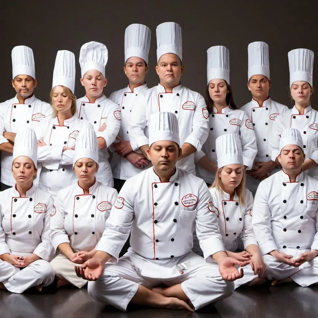 Prompt: Thirteen people in chef's costumes meditating