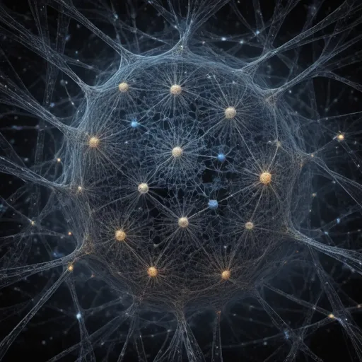 Prompt: Hierarchically nested fractal networks, with metabolic networks in cells, in neural networks in nervous systems, in social networks in society in ecological networks in dark matter cosmic network