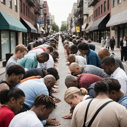 Prompt: Street full of diverse people bowing to each other