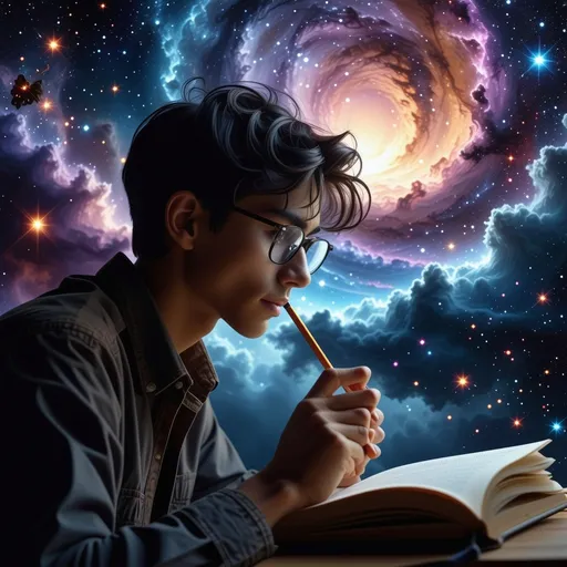 Prompt: (ultra-detailed) student with (sharp focus) face, deep in thought, pen resting on his ear, gazing at an open notebook, (circular background) filled with mesmerizing celestial bodies, stars, and galaxies swirling in vibrant colors, cool tones blended with deep blues and purples, (dreamy yet focused) atmosphere capturing the essence of inspiration and creativity, high resolution, HD quality.