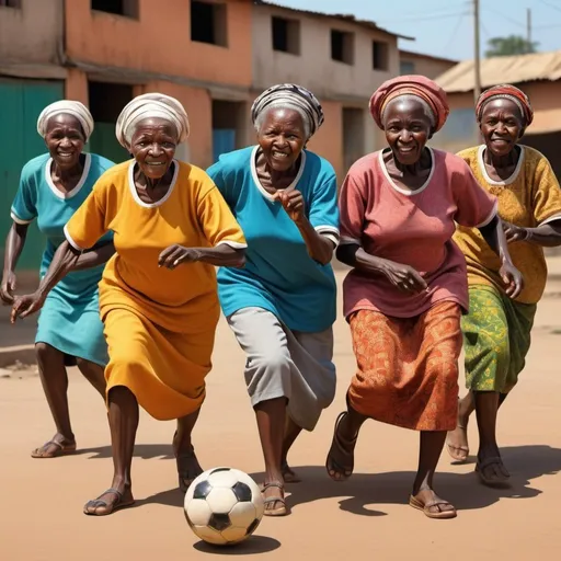 Prompt: 5 African old women playing soccer in the street, realistic, vibrant colors, genuine excitement, traditional clothing, detailed faces, natural lighting, stadium scenery, high quality, realistic, vibrant, detailed characters, traditional setting, energetic atmosphere