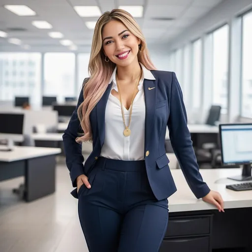 Prompt: 30-year-old beautiful woman , realistic office scenery, bright smile, sensual pose, full body shot, showing bums, thick bottom, dimples, pink lips, , bright and realistic, happy mood, perfect composition, burst, sensual, highres, ultra-detailed, realistic,photorealistic,with white long braided hair falling at her back,wearing a Navy blue suit on white collar shirt,Nike sneakers,gold necklace,looking away from the camera,bokeh ,f3.2,angelic,Secretary