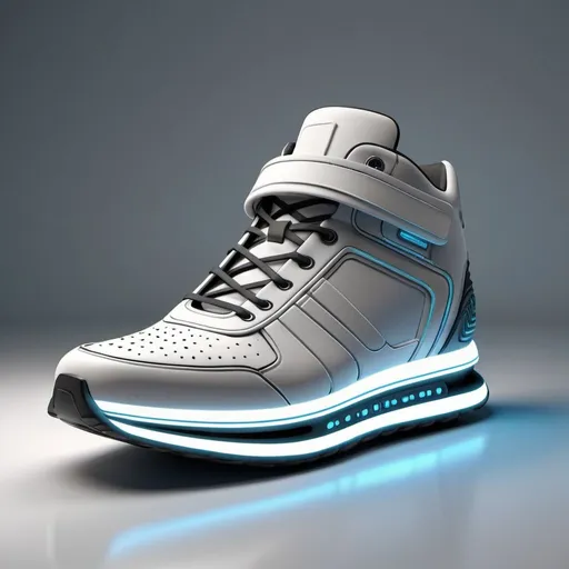 Prompt: Realistic illustration of a futuristic sneaker with a USB port, high-tech materials, intricate stitching details, USB technology, detailed rubber sole, high quality, realistic, futuristic, detailed design, modern, professional, realistic lighting