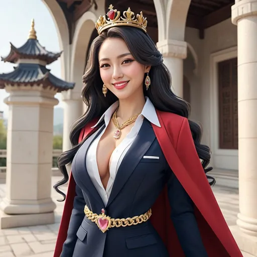 Prompt: 30-year-old beautiful boss lady, realistic ancient palace scenery, bright smile, sensual pose, full body shot, showing bums, thick bottom, dimples, pink lips, bright and realistic,  strong attitude, perfect composition, burst, sensual, highres, ultra-detailed, realistic,photorealistic,with white long braided hair falling at her back,wearing a Navy blue suit on white collar shirt,Nike sneakers,gold necklace,looking away from the camera, tilt shift,Secretary,red cape rolling behind her back,a Queen's crown on her head,a handsome 35 year old man cuddles her from behind by her waist in romance