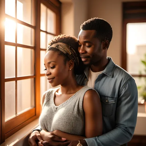 Prompt: 30 year old african man and woman cuddling romantically, in casual wear ,warm atmosphere,light enters the room through a window,acne on skin