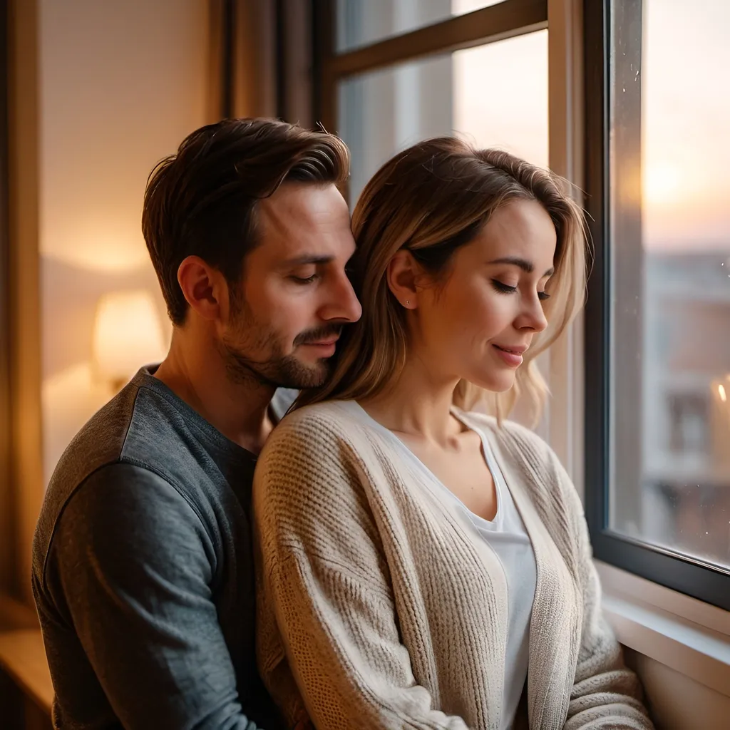 Prompt: 30 year old man and woman cuddling romantically, in casual wear ,warm atmosphere,light enters the room through a window,acne on skin