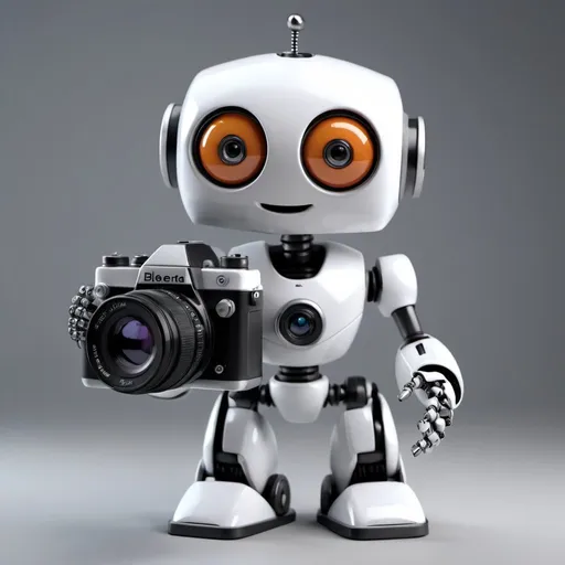 Prompt: A robot holding g a camera toy,standing character,3d blender render,studio scenery, 