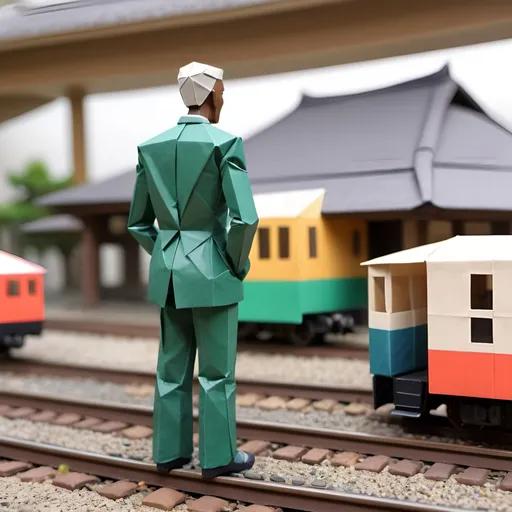 Prompt: A 50 year old African american origami man,posterior view,head looking towards his right hand,Japan style anime,miniature train station scenery 