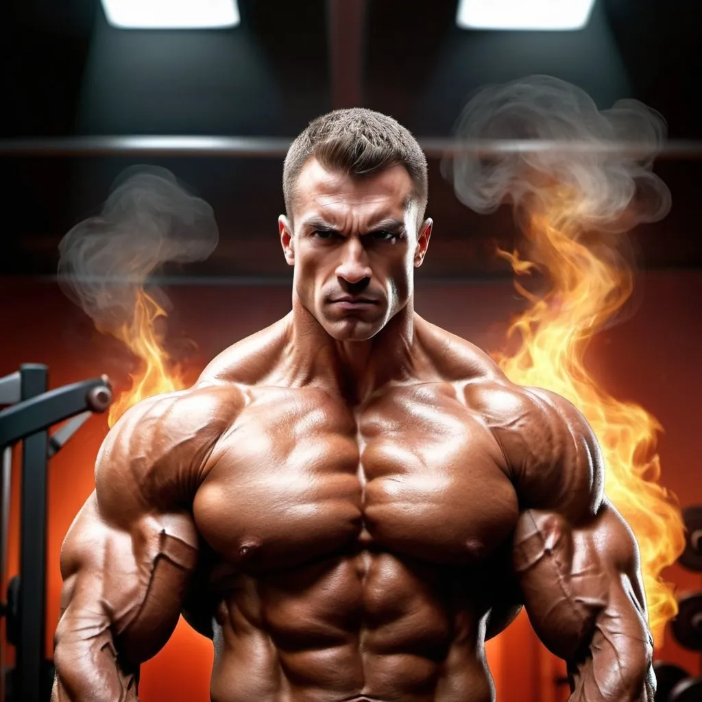 Prompt: Hot and strong muscular body builder man, tall standing character, dramatic lighting,  gym scenery,aggresive