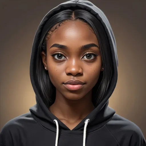Prompt: A realistic 18  year old Nigerian Igbo girl,long black hair,profesional lighting,waist,sharp jawline,pointed nose,big eyes,pimples,dimples,photorealistic,wearing a black hoodie,looking right,