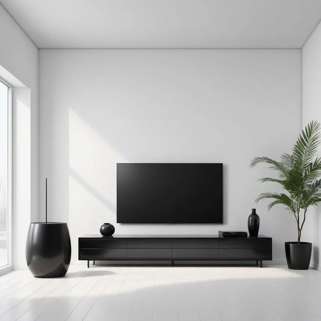 Prompt: Empty white room, black TV, minimalist, realistic style, high quality, clean lines, modern, spacious, natural lighting