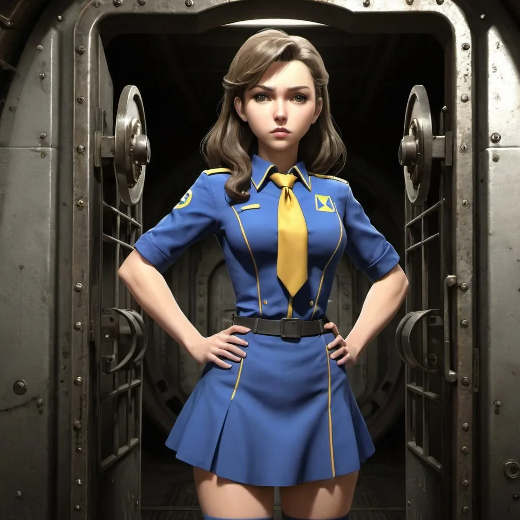 Prompt: Fallout, a woman with Vault uniform and Vault short skirt, Vault gate in Backgrande, long hair, anime face, 3D

