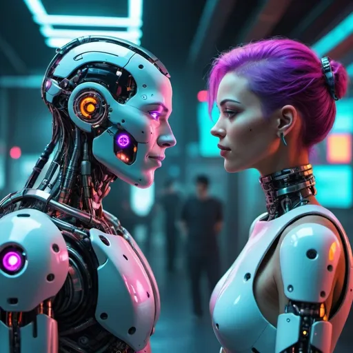 Prompt: A cyborg having a conversation with chatgpt,cyberpunk, futuristic,vibrant colors,ai