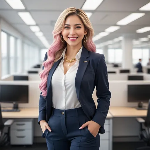 Prompt: 30-year-old beautiful woman , realistic office scenery, bright smile, sensual pose, full body shot, showing bums, thick bottom, dimples, pink lips, , bright and realistic, happy mood, perfect composition, burst, sensual, highres, ultra-detailed, realistic,photorealistic,with white long braided hair falling at her back,wearing a Navy blue suit on white collar shirt,Nike sneakers,gold necklace,looking away from the camera,bokeh ,f3.2,angelic,Secretary